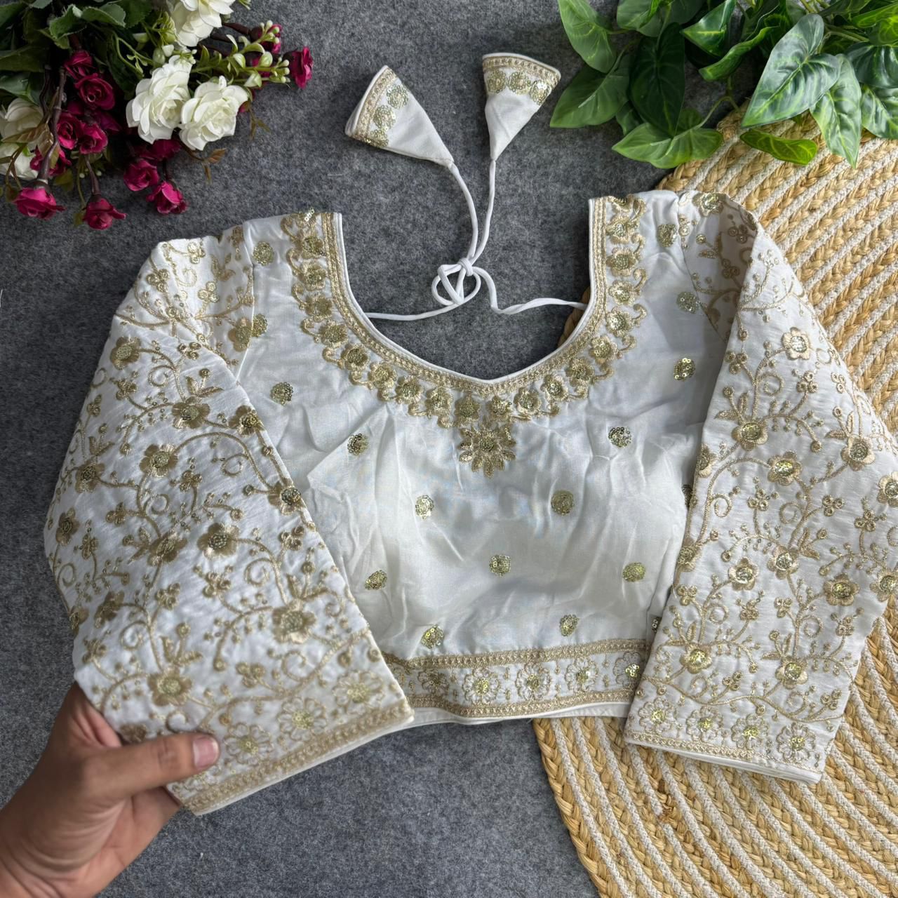 Readymade Pure Vichitra Silk Heavy Jari Sequins Work Long Sleeve Blouse 