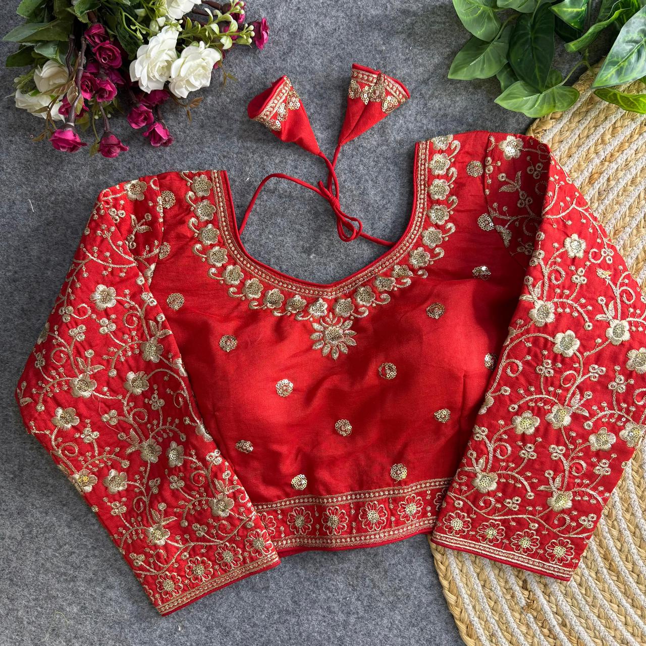 Readymade Pure Vichitra Silk Heavy Jari Sequins Work Long Sleeve Blouse 