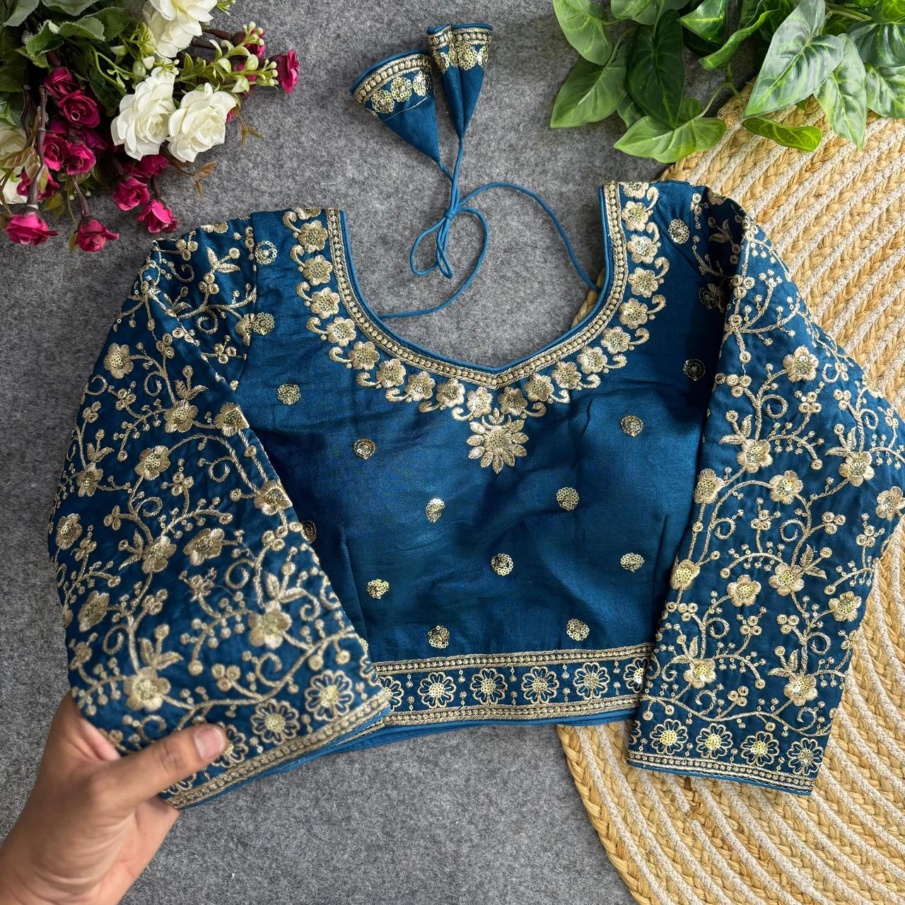 Readymade Pure Vichitra Silk Heavy Jari Sequins Work Long Sleeve Blouse 