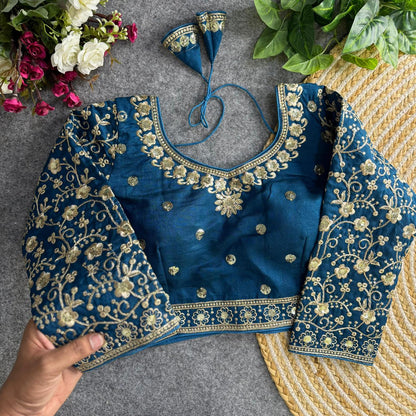 Readymade Pure Vichitra Silk Heavy Jari Sequins Work Long Sleeve Blouse 
