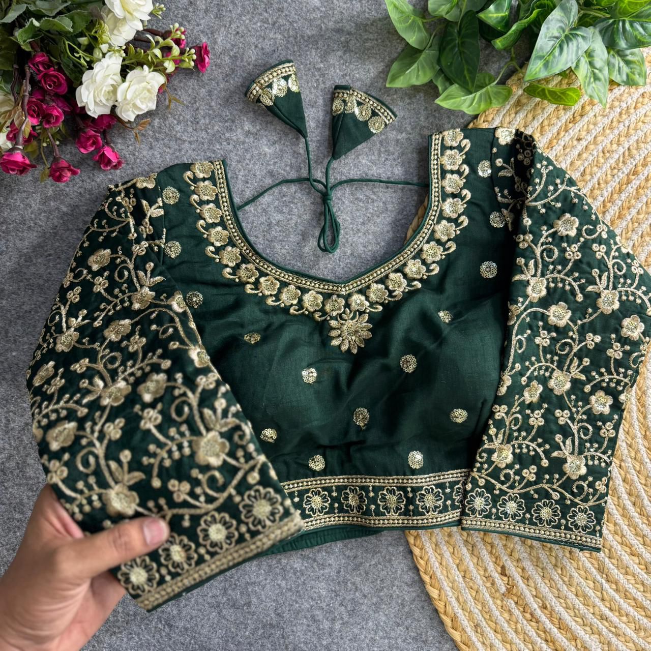 Readymade Pure Vichitra Silk Heavy Jari Sequins Work Long Sleeve Blouse 