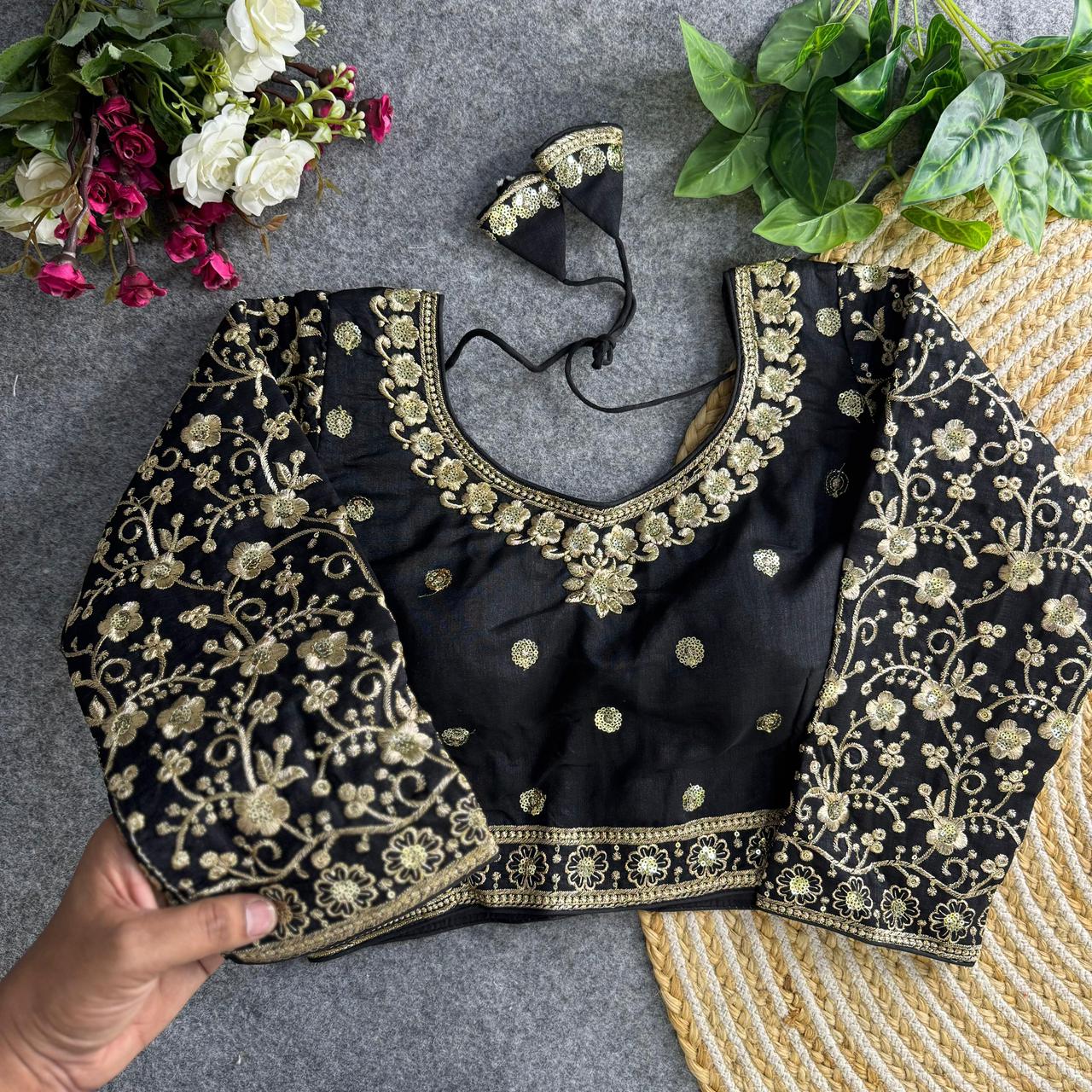 Readymade Pure Vichitra Silk Heavy Jari Sequins Work Long Sleeve Blouse 