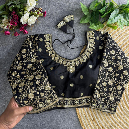 Readymade Pure Vichitra Silk Heavy Jari Sequins Work Long Sleeve Blouse 
