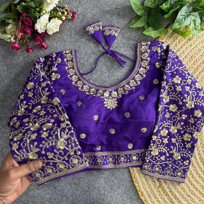 Readymade Pure Vichitra Silk Heavy Jari Sequins Work Long Sleeve Blouse 