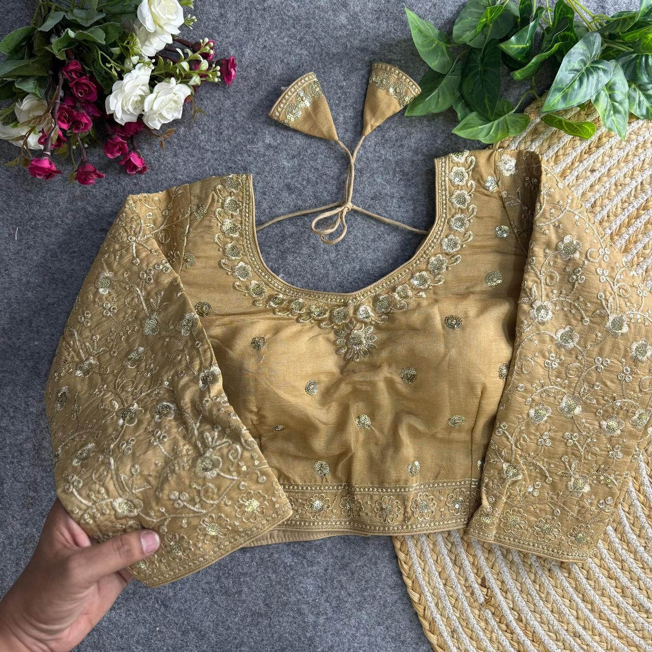 Readymade Pure Vichitra Silk Heavy Jari Sequins Work Long Sleeve Blouse