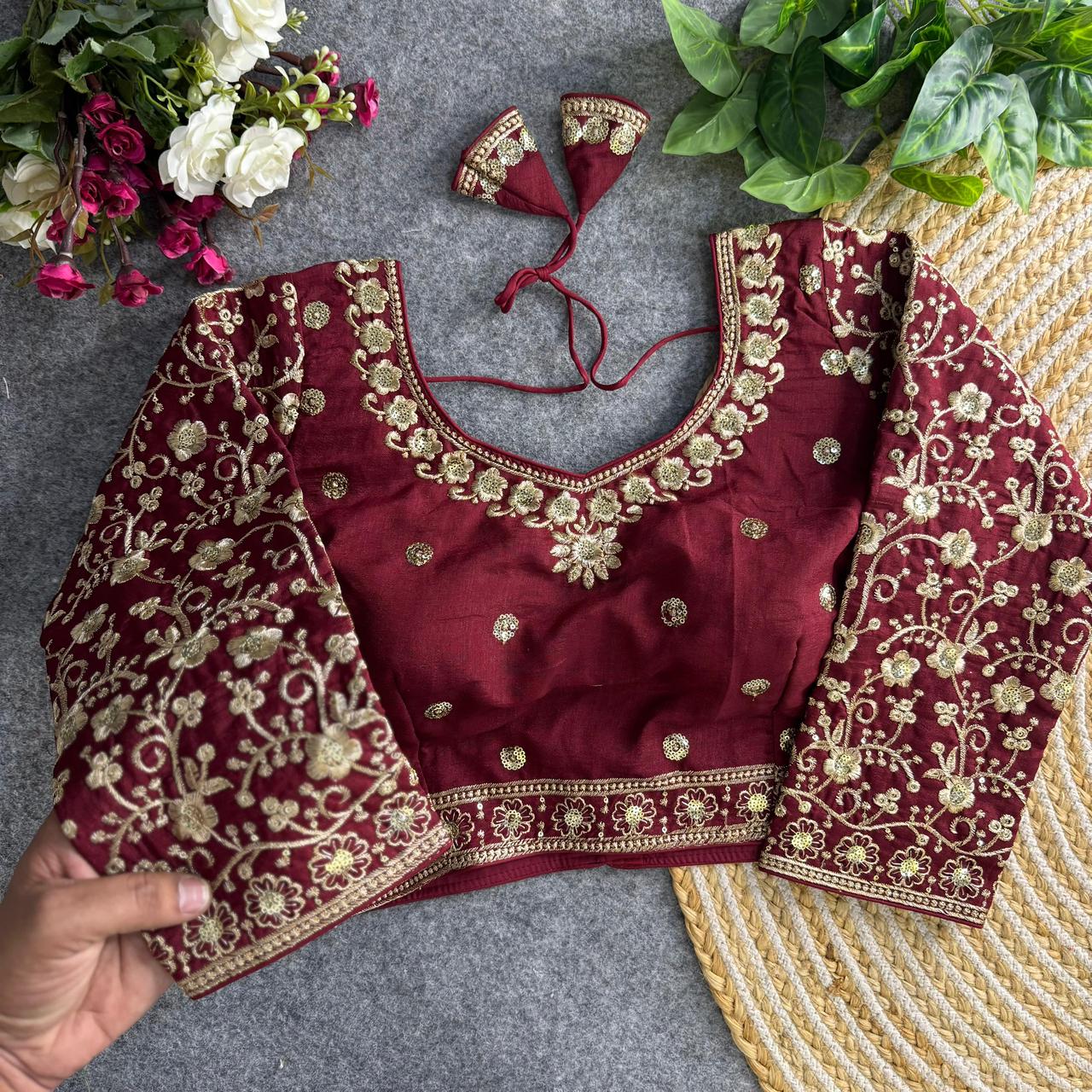 Readymade Pure Vichitra Silk Heavy Jari Sequins Work Long Sleeve Blouse 