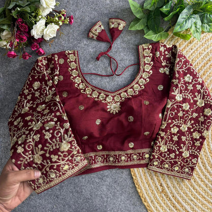 Readymade Pure Vichitra Silk Heavy Jari Sequins Work Long Sleeve Blouse 
