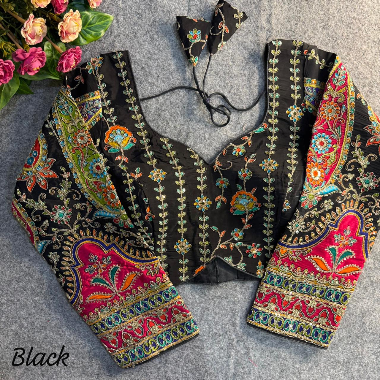 Readymade Pure Crape Silk Heavy Position Work Neck Long Sleeve Blouse