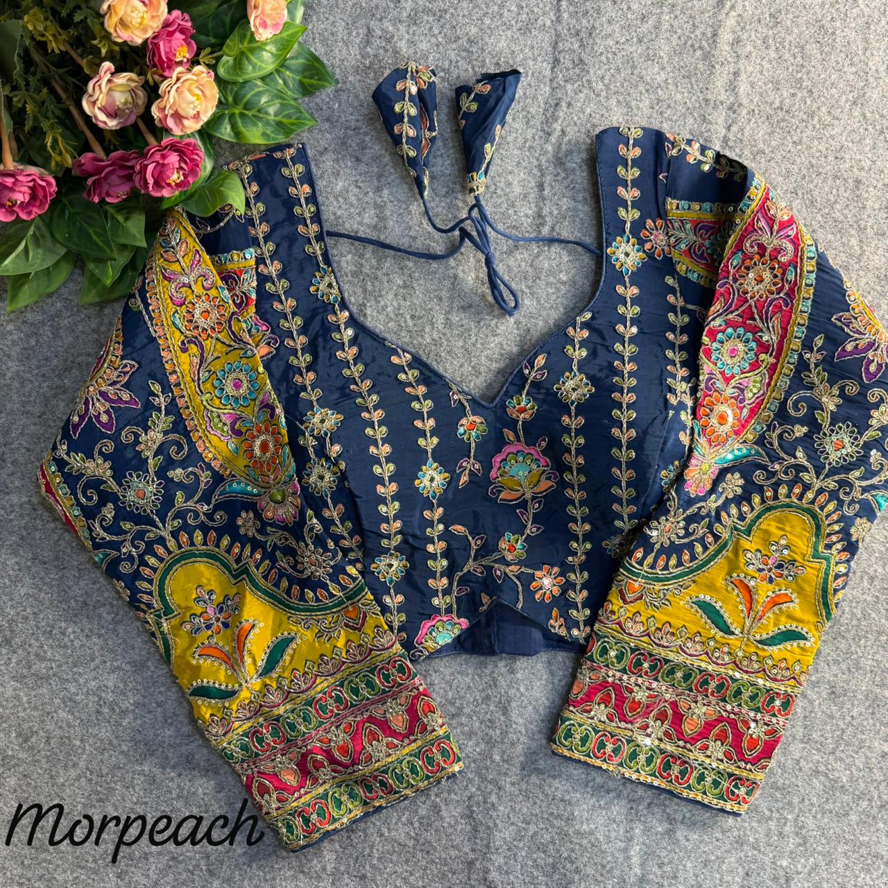 Readymade Pure Crape Silk Heavy Position Work Neck Long Sleeve Blouse