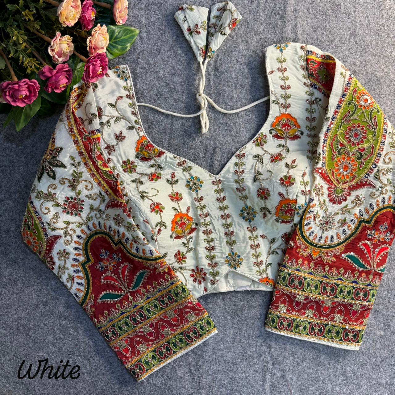 Readymade Pure Crape Silk Heavy Position Work Neck Long Sleeve Blouse 
