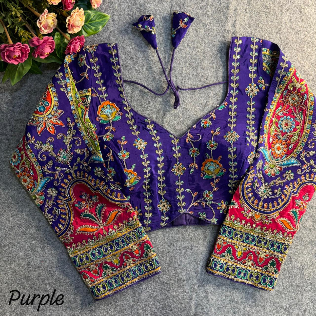 Readymade Pure Crape Silk Heavy Position Work Neck Long Sleeve Blouse