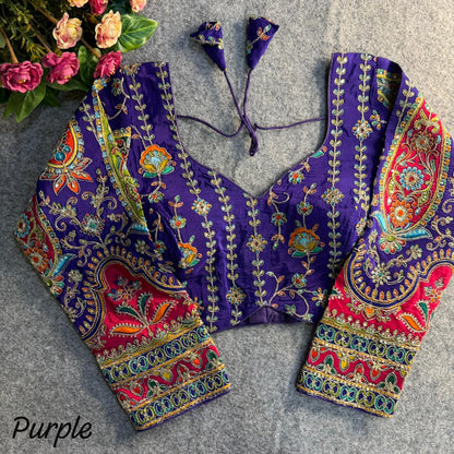 Readymade Pure Crape Silk Heavy Position Work Neck Long Sleeve Blouse 
