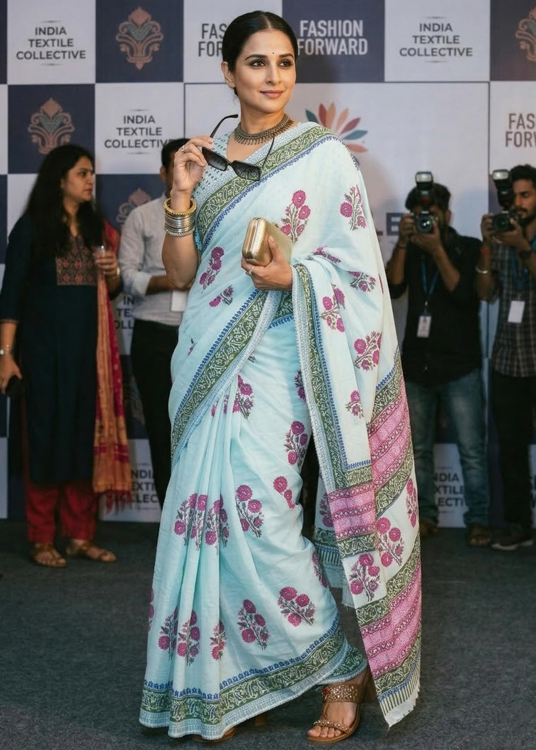 Sky Pure Soft Mulmul Cotton Jaipuri Floral Hand Block Printed Cotton Saree