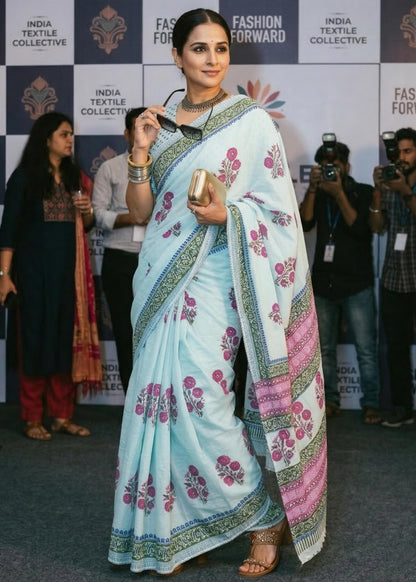 Sky Pure Soft Mulmul Cotton Jaipuri Floral Hand Block Printed Cotton Saree