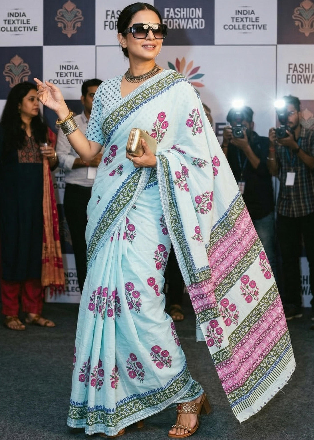 Sky Pure Soft Mulmul Cotton Jaipuri Floral Hand Block Printed Cotton Saree