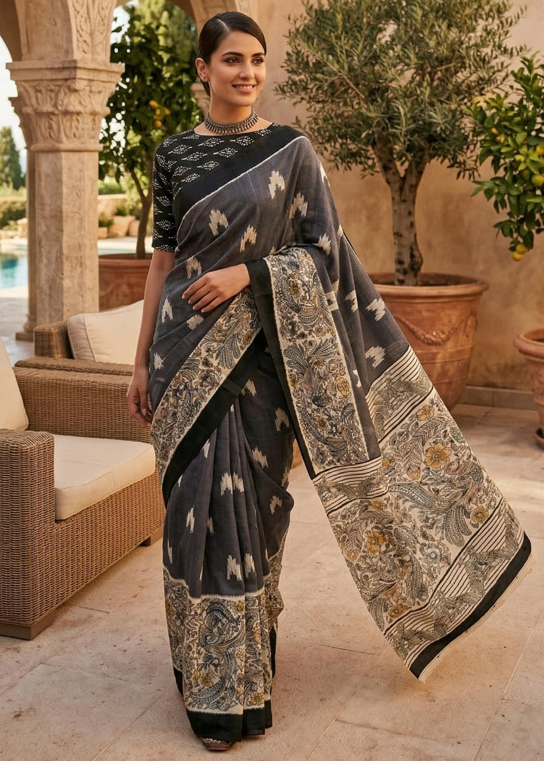 Black Pure Soft Mulmul Cotton Jaipuri Ikat with Kalamkari Printed Cotton Saree 