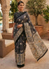 Black Pure Soft Mulmul Cotton Jaipuri Ikat with Kalamkari Printed Cotton Saree 