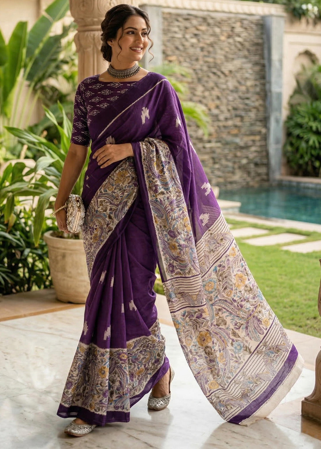 Purple Pure Soft Mulmul Cotton Jaipuri Ikat with Kalamkari Printed Cotton Saree 