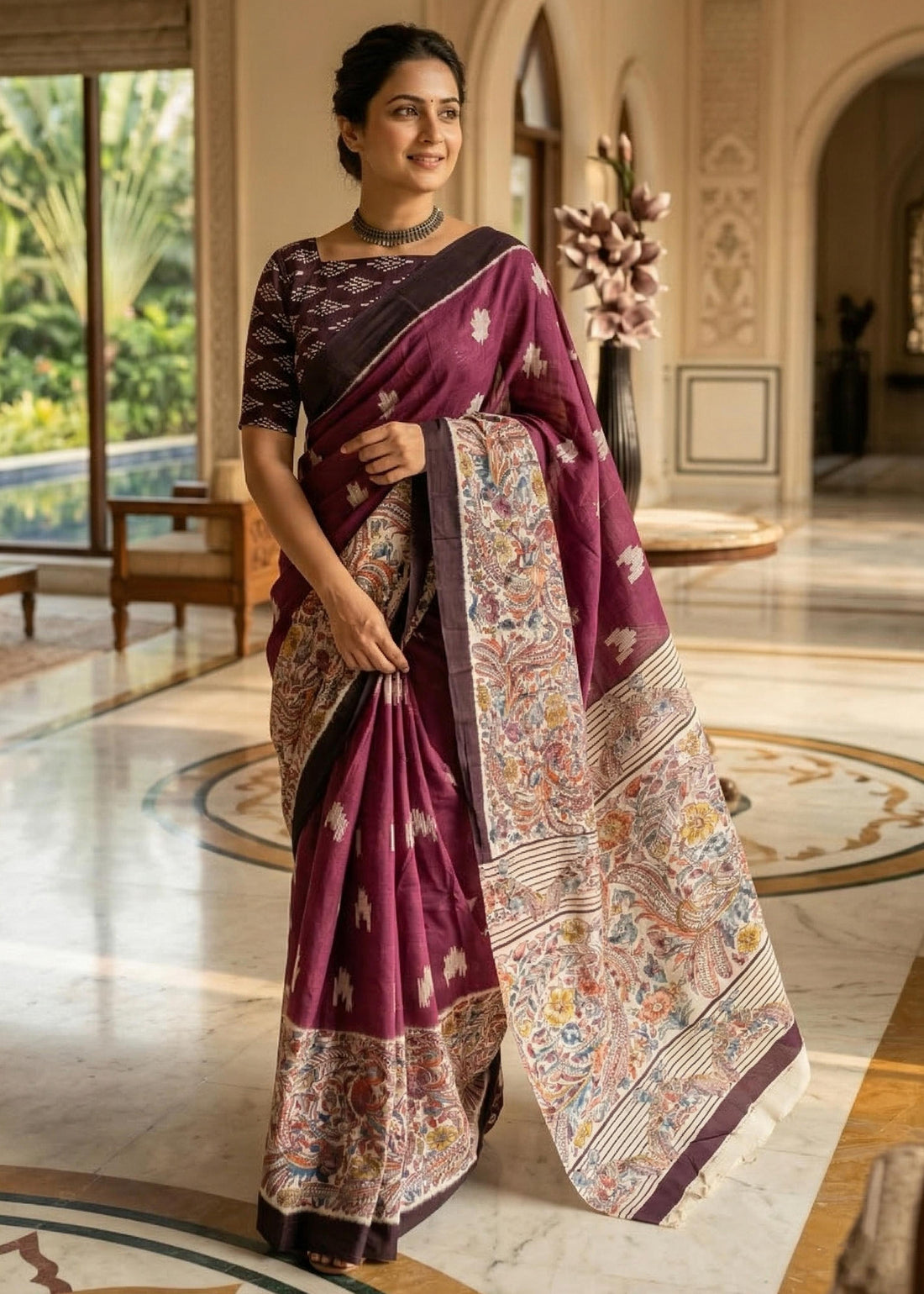 Maroon Pure Soft Mulmul Cotton Jaipuri Ikat with Kalamkari Printed Cotton Saree 
