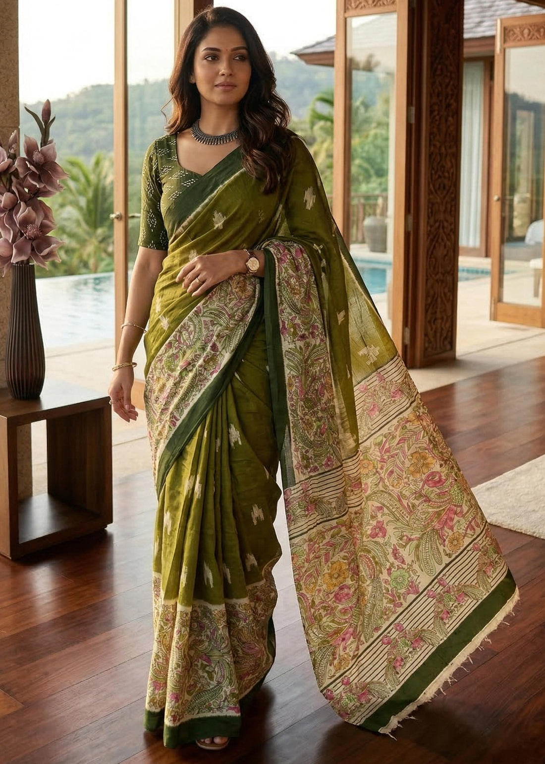 Green Pure Soft Mulmul Cotton Jaipuri Ikat with Kalamkari Printed Cotton Saree 