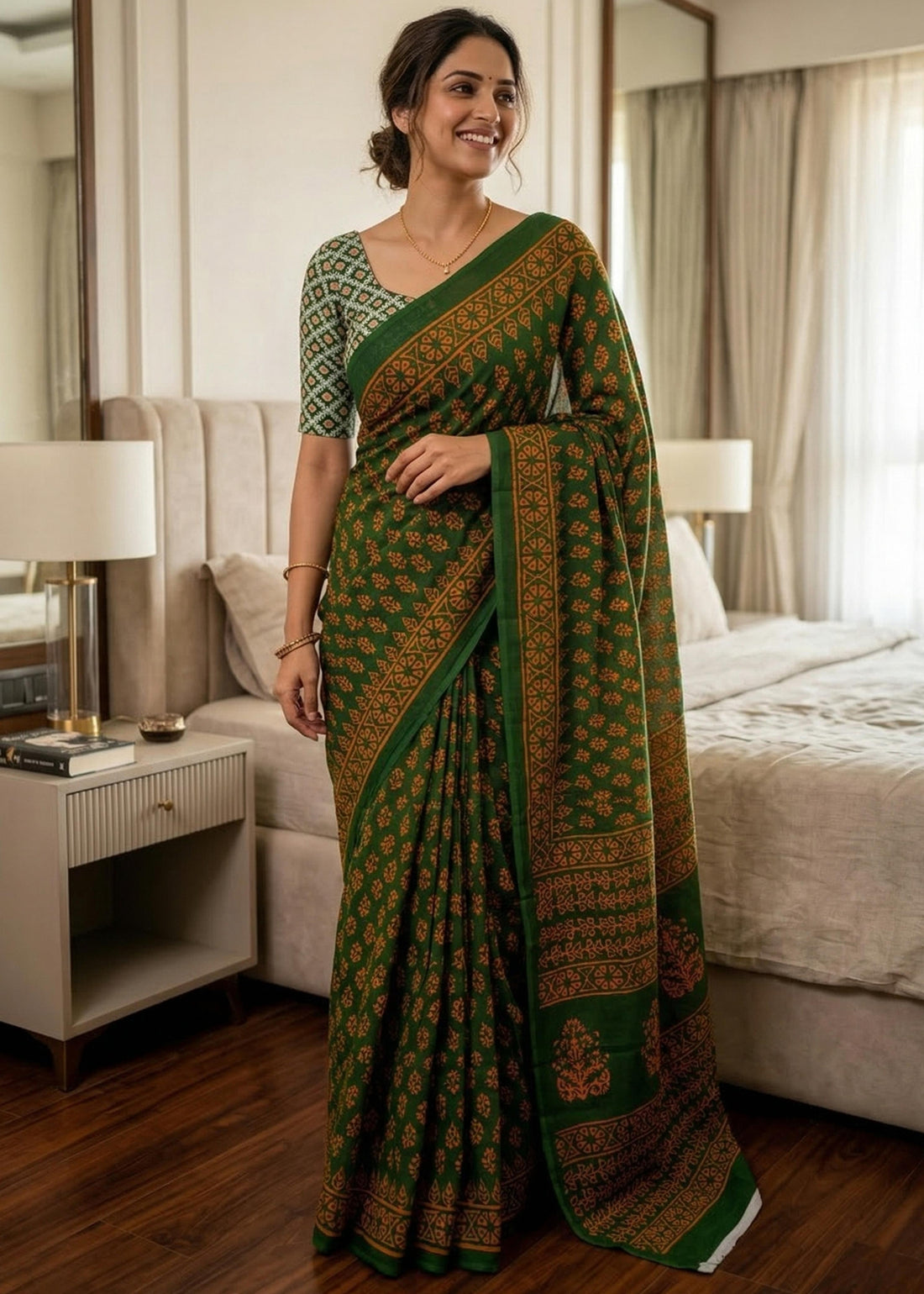 Green Pure Soft Mulmul Cotton Sanganeri Print Cotton Saree 