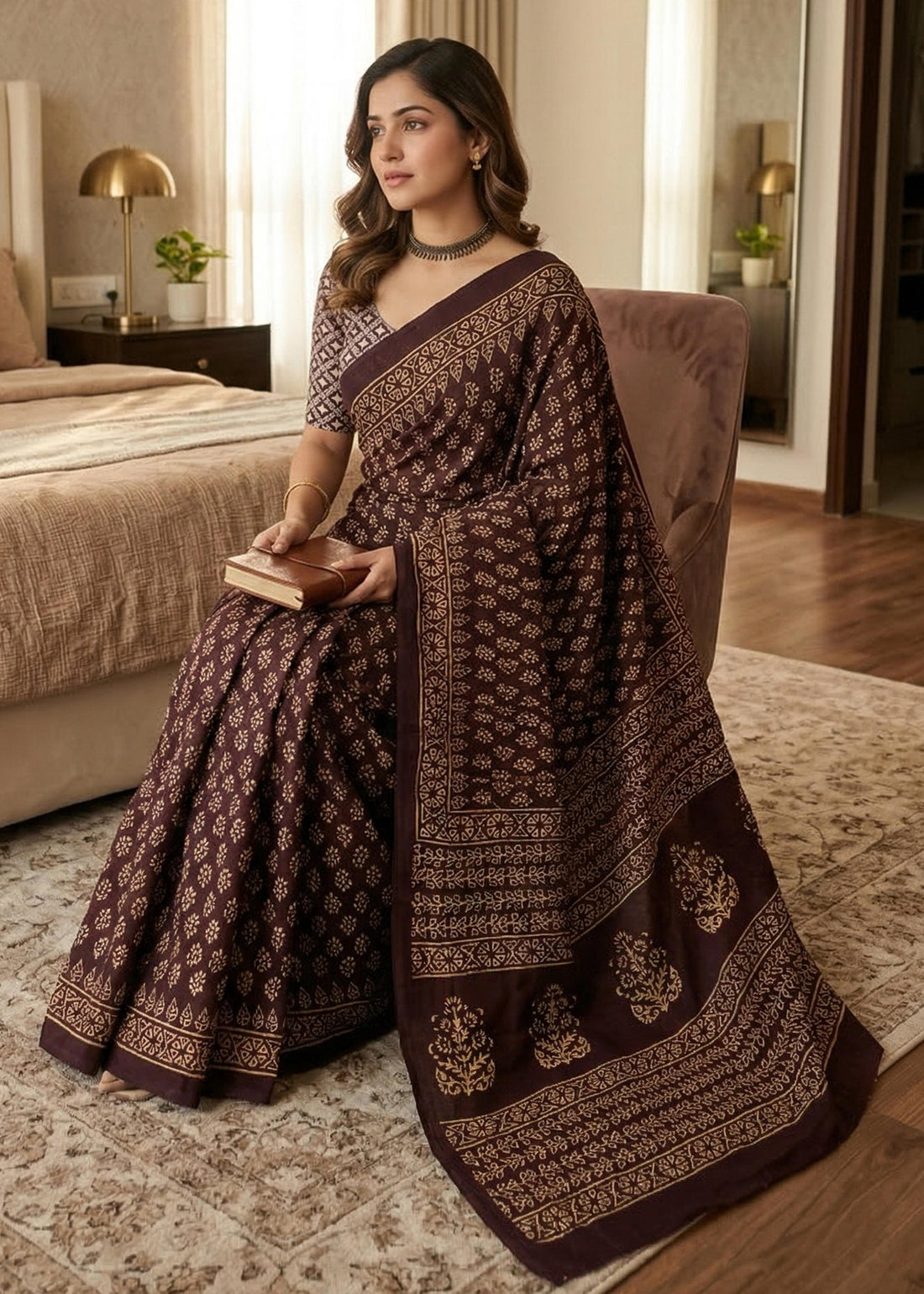Brown Pure Soft Mulmul Cotton Sanganeri Print Cotton Saree 