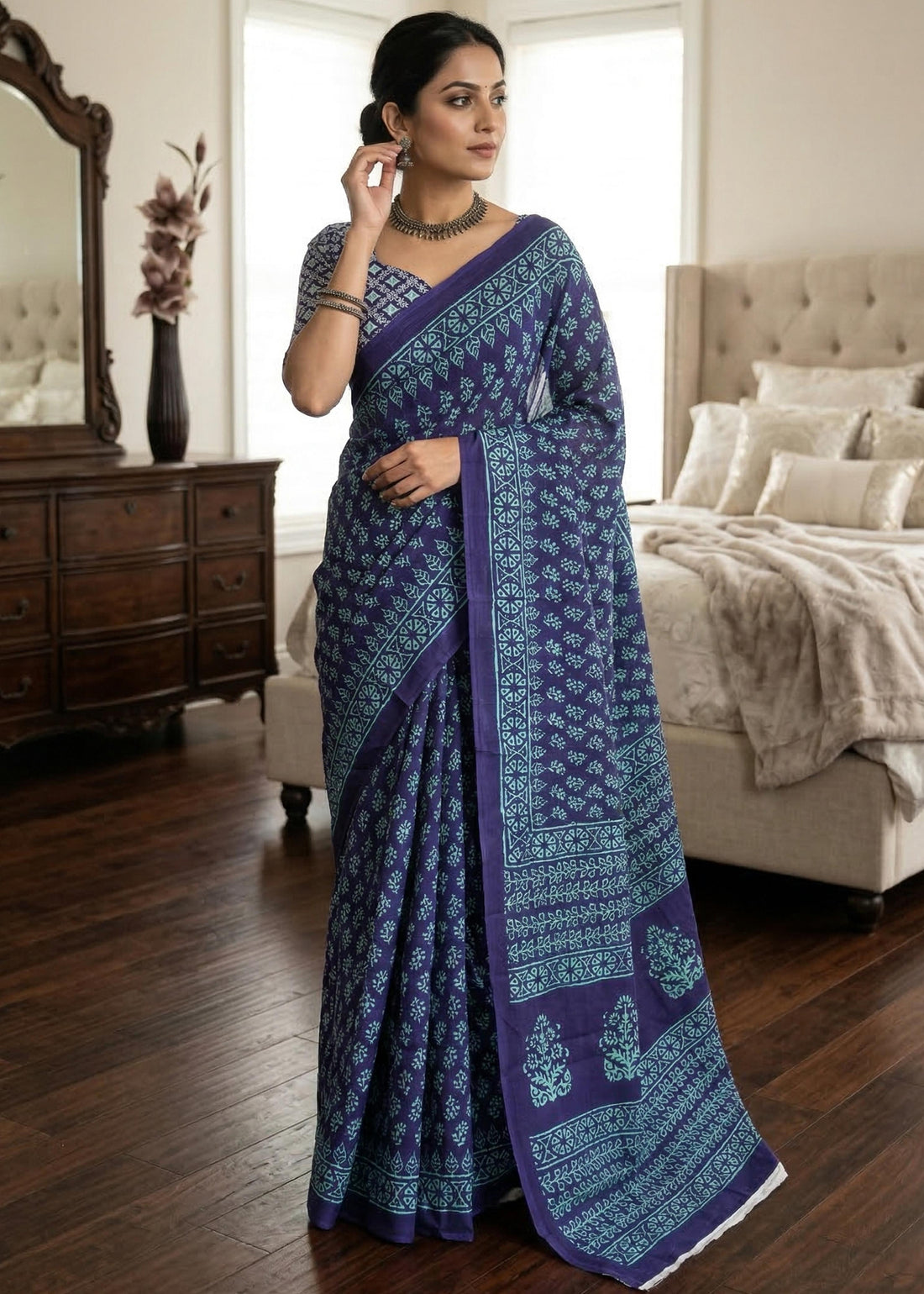 Blue Pure Soft Mulmul Cotton Sanganeri Print Cotton Saree 