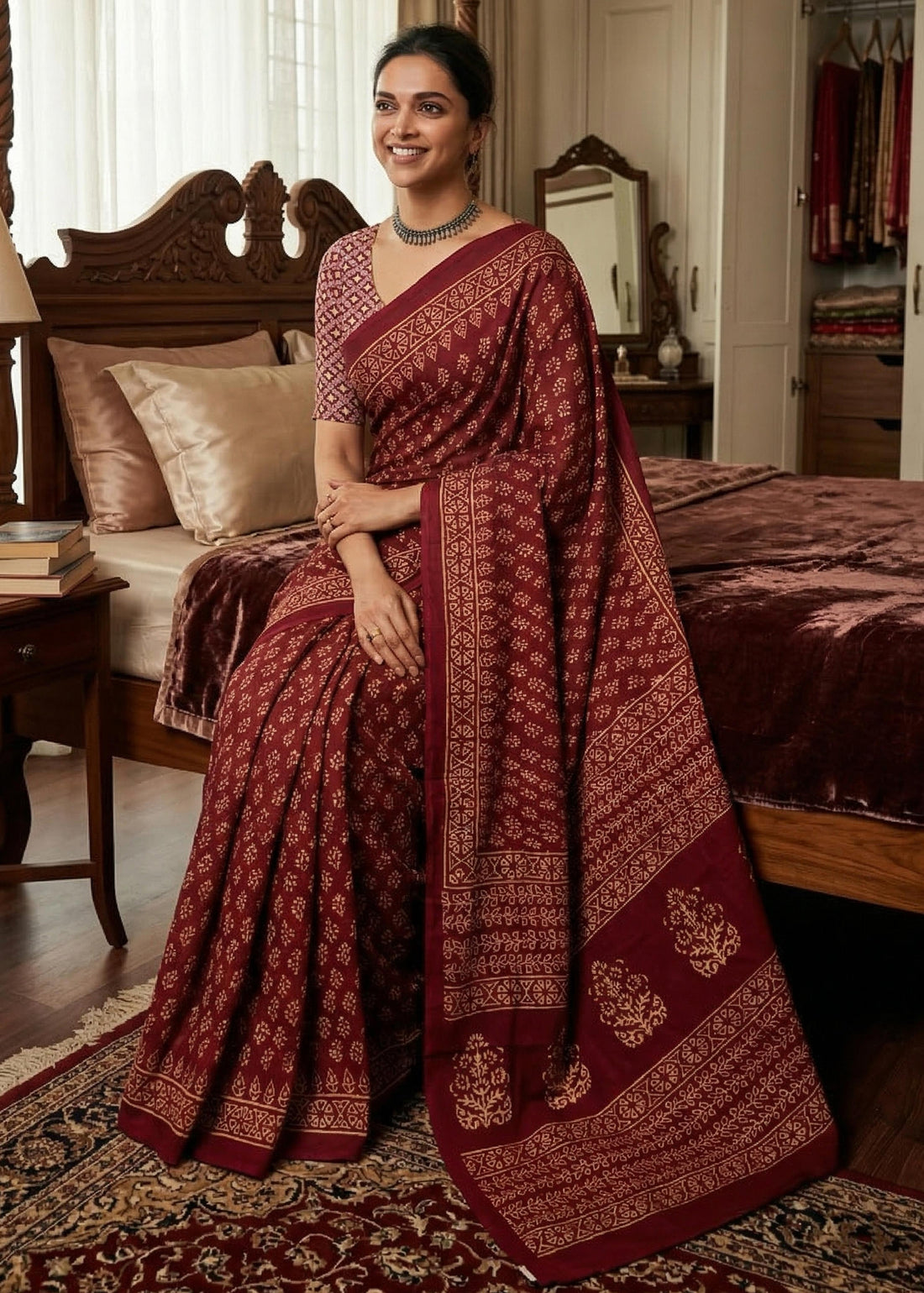 Maroon Pure Soft Mulmul Cotton Sanganeri Print Cotton Saree 