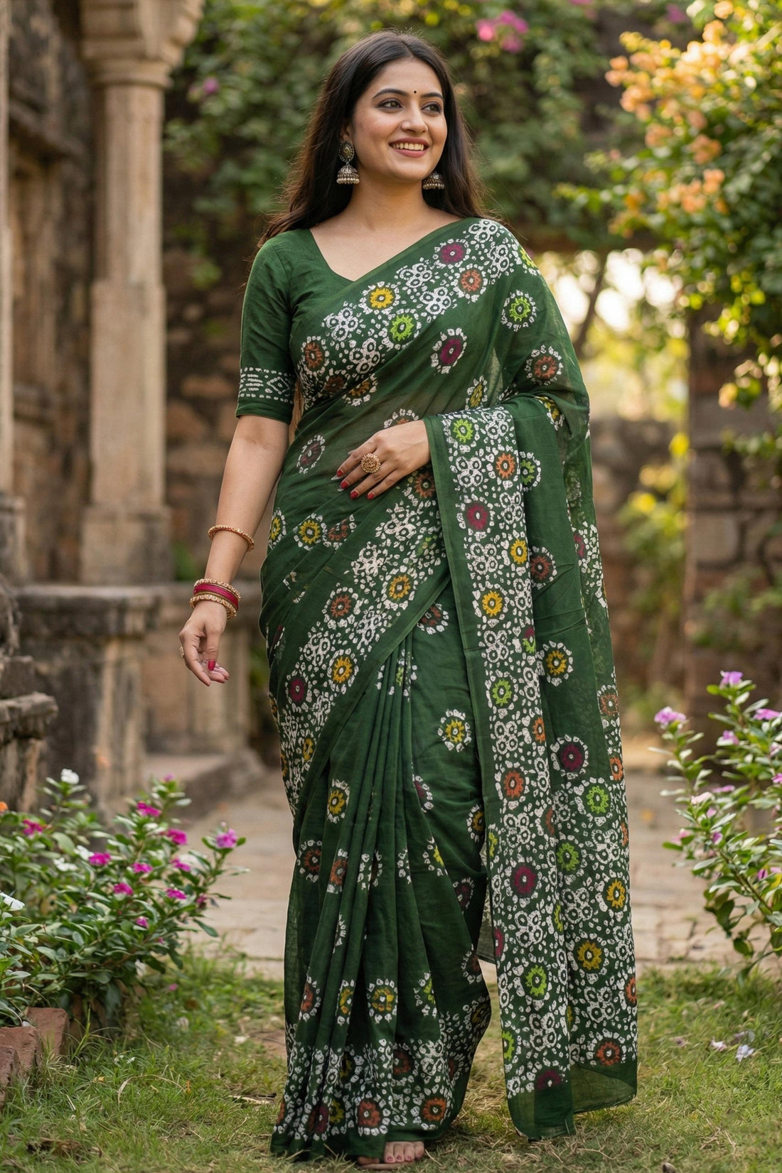 Green Pure Soft Mulmul Cotton Batik Print Cotton Saree 