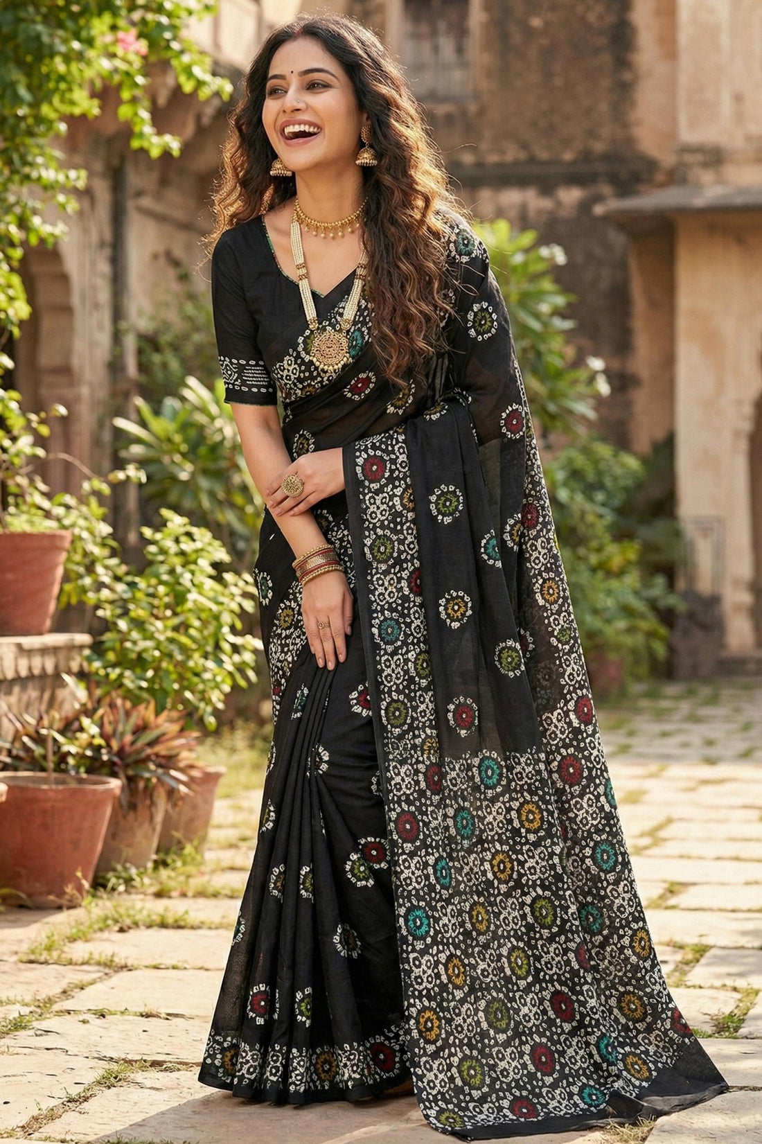 Black Pure Soft Mulmul Cotton Batik Print Cotton Saree (Copy) 