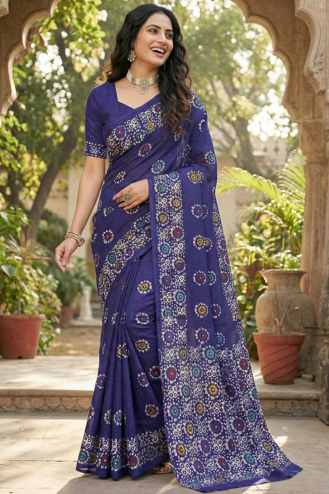 Blue Pure Soft Mulmul Cotton Batik Print Cotton Saree 