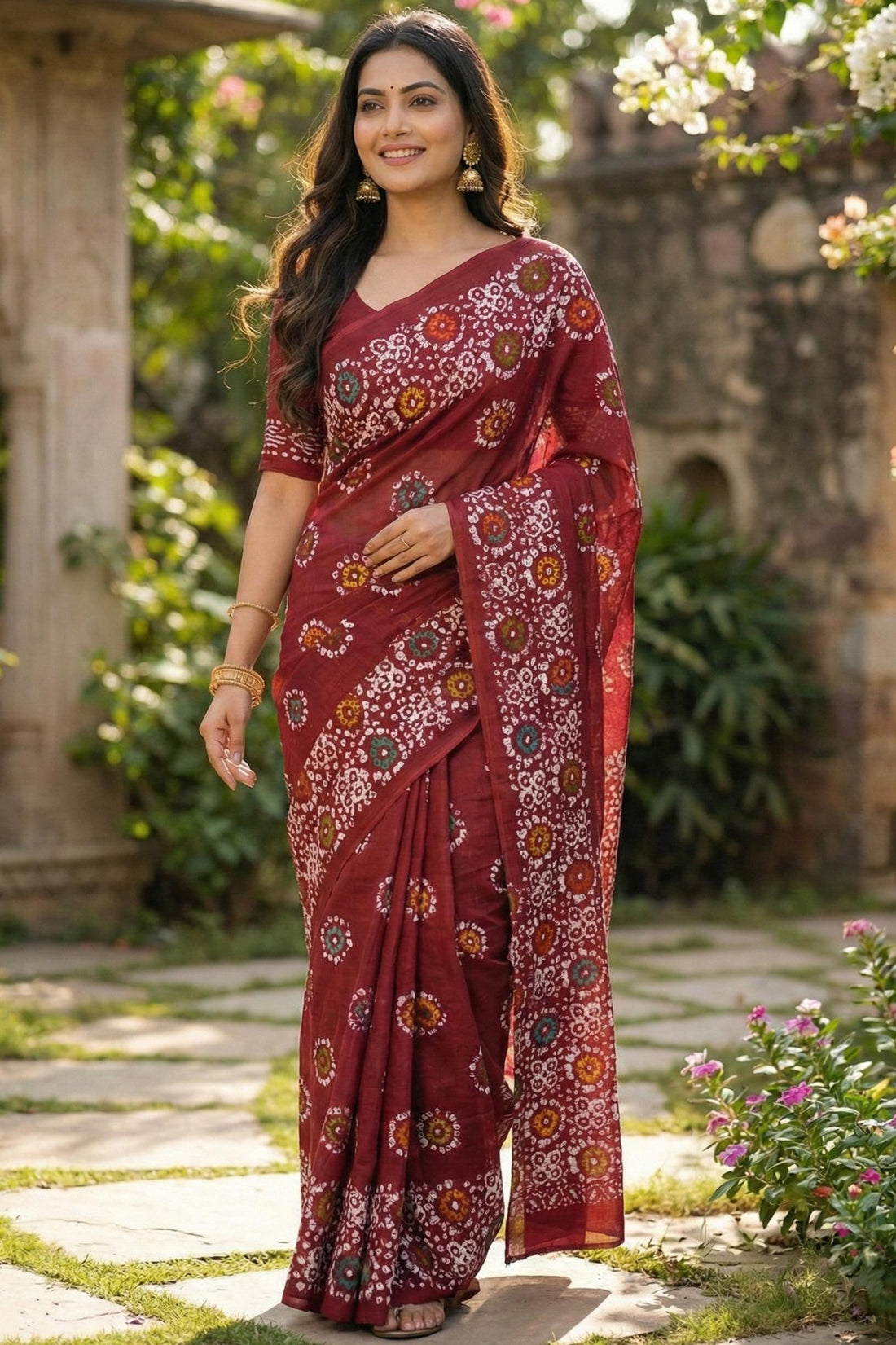 Red Pure Soft Mulmul Cotton Batik Print Cotton Saree 