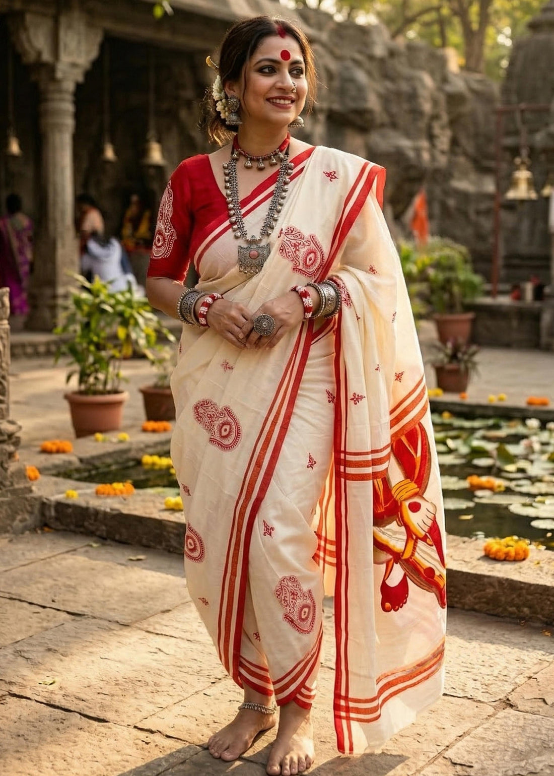 White Pure Soft Mulmul Cotton Puja Special Cotton Saree 