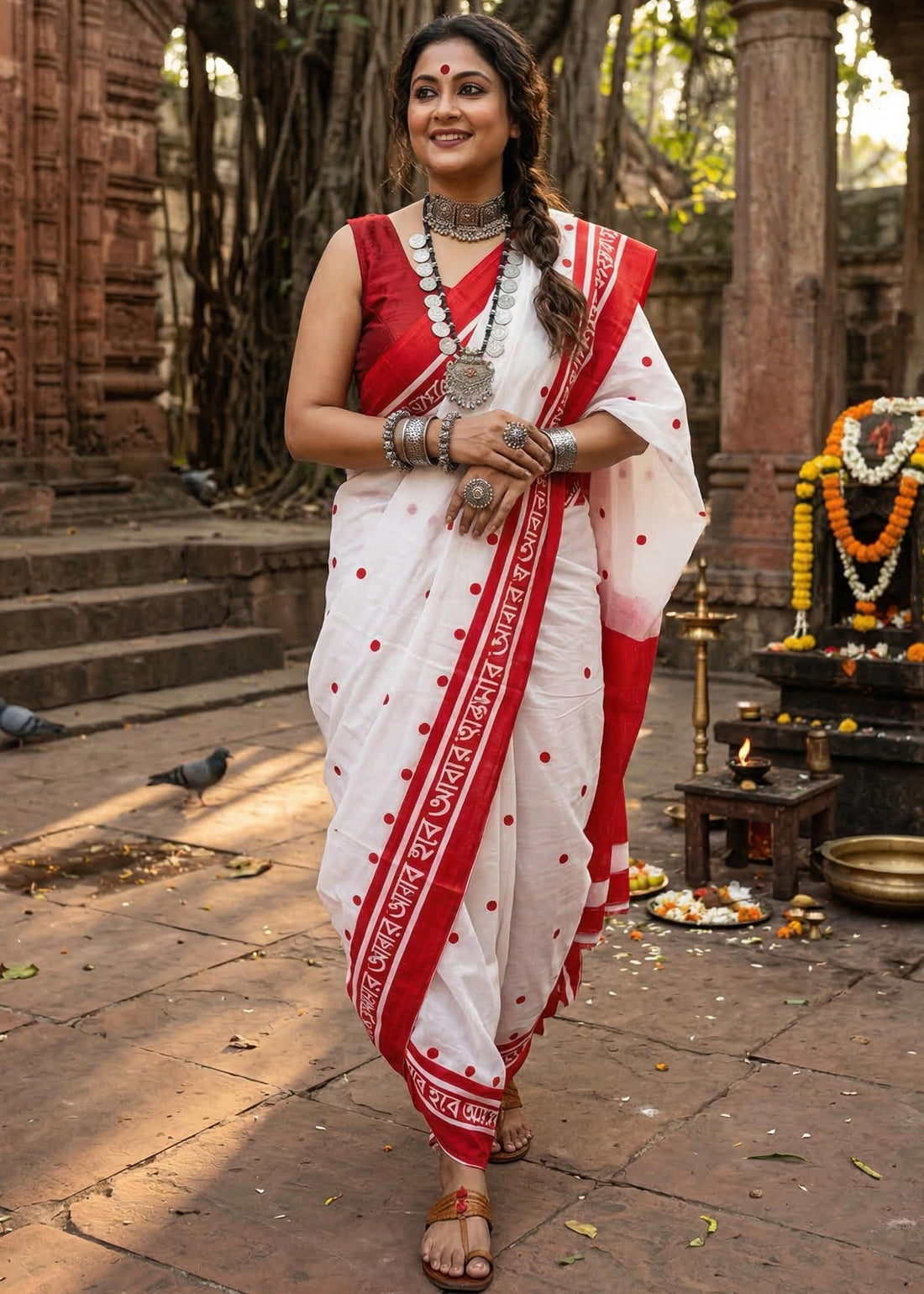 White Pure Soft Mulmul Cotton Puja Special Cotton Saree 