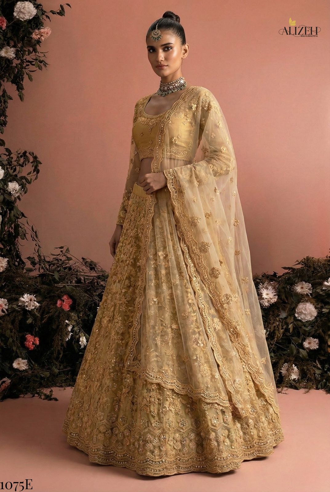 Golden Pure Soft Heavy Net Sequins Embroidery Work Bridal Lehenga Choli 