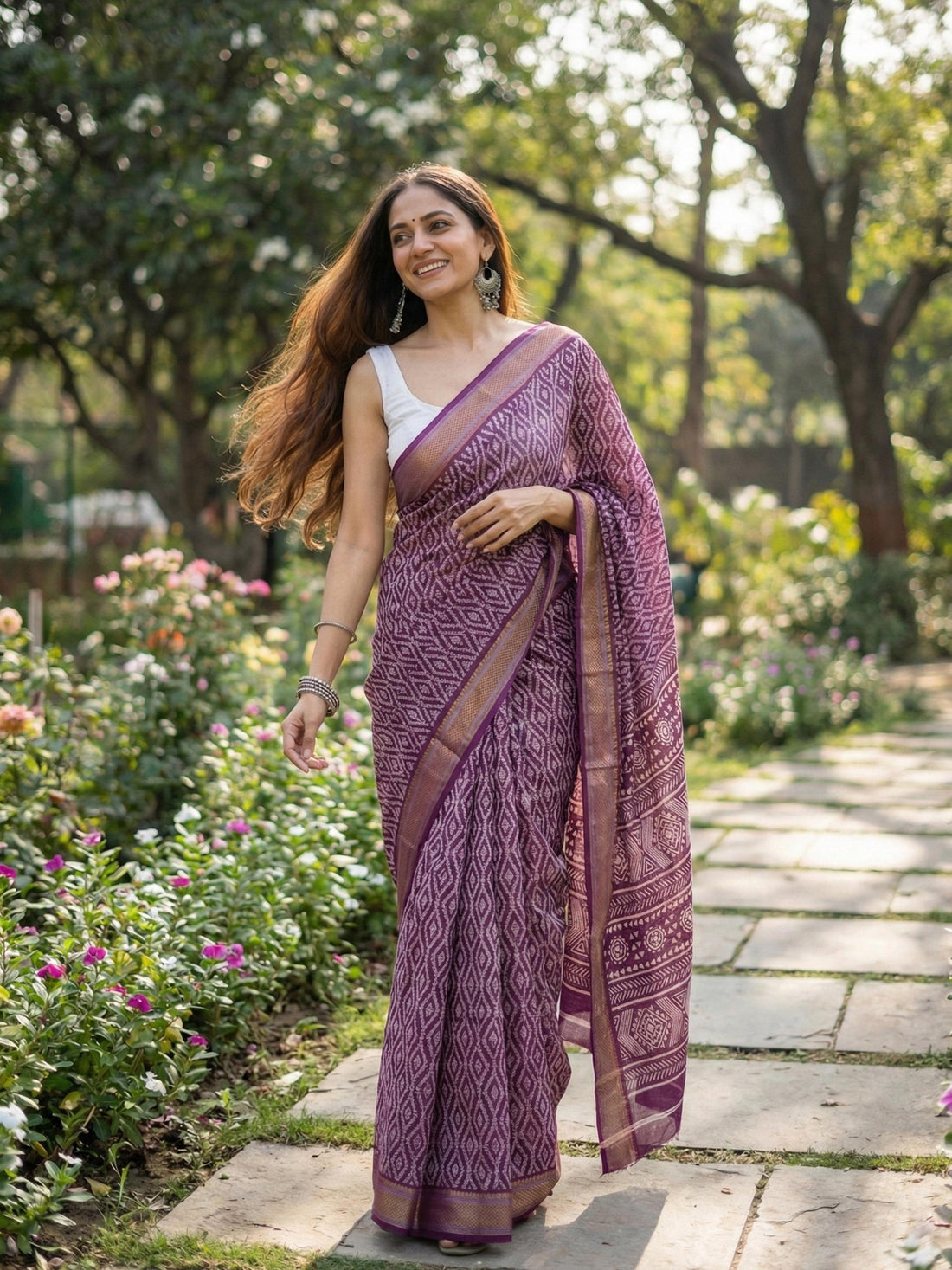 Purple Pure Soft Mulmul Cotton Bagru Bandhani Print Cotton Saree 
