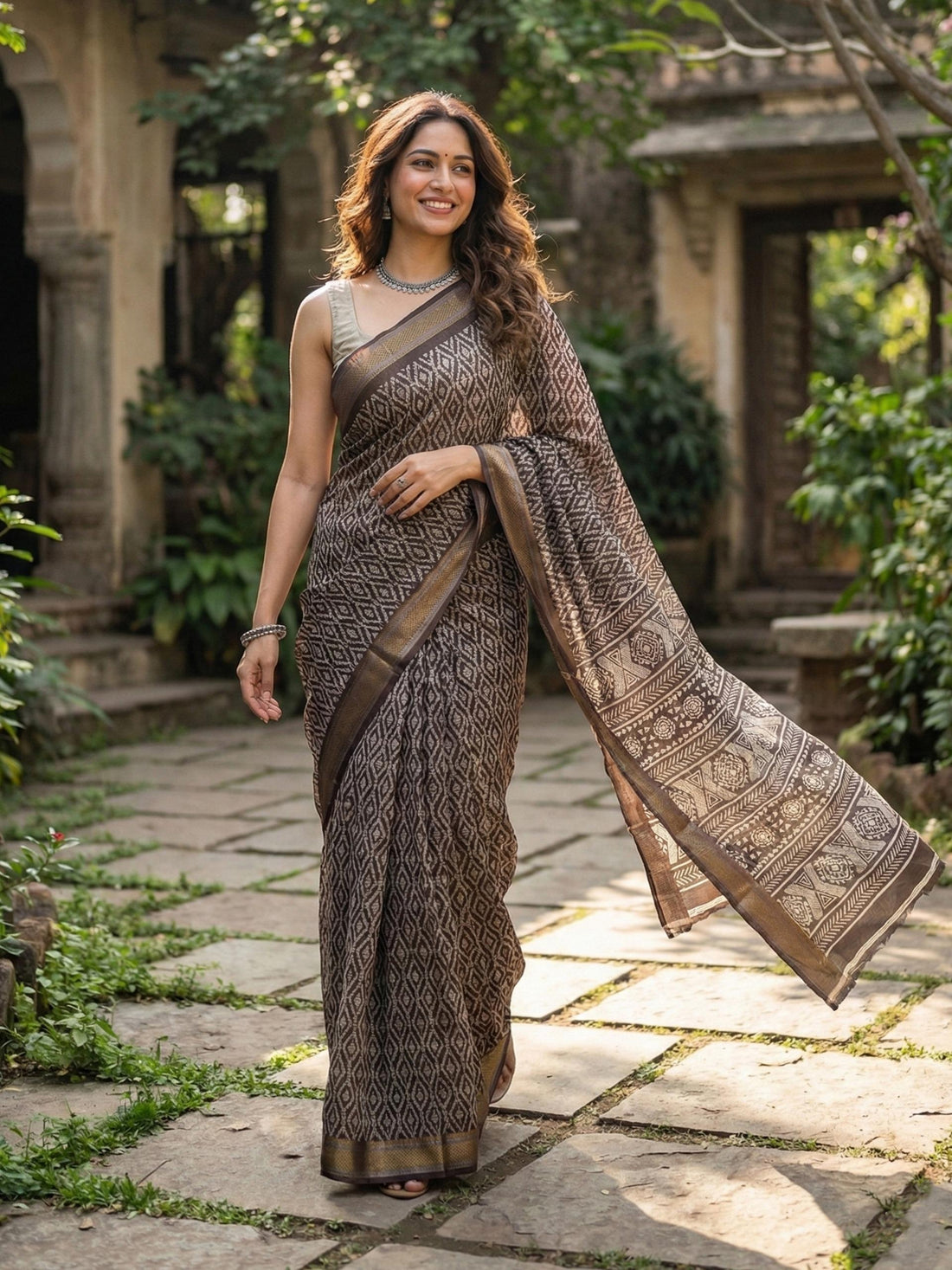 Brown Pure Soft Mulmul Cotton Bagru Bandhani Print Cotton Saree 