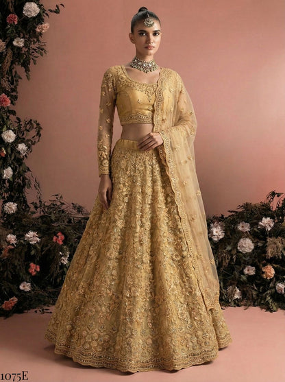 Golden Pure Soft Heavy Net Sequins Embroidery Work Bridal Lehenga Choli 