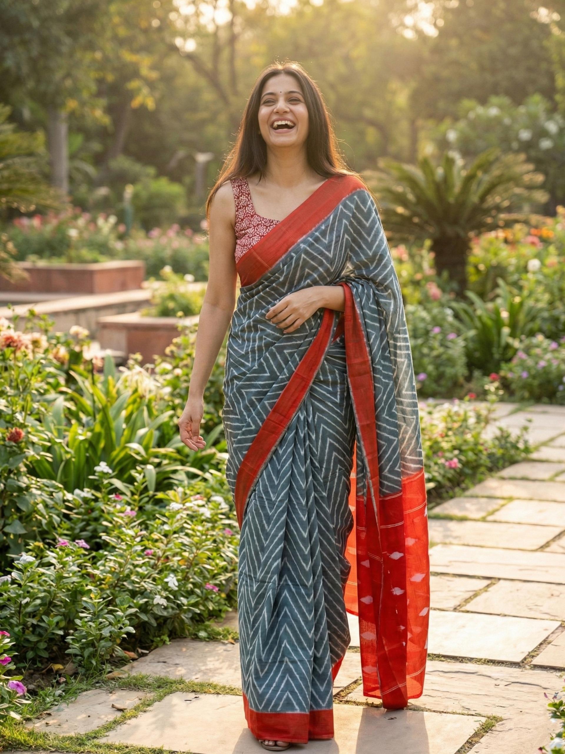 Grey Pure Soft Mulmul Cotton Hand Block Print Cotton Saree