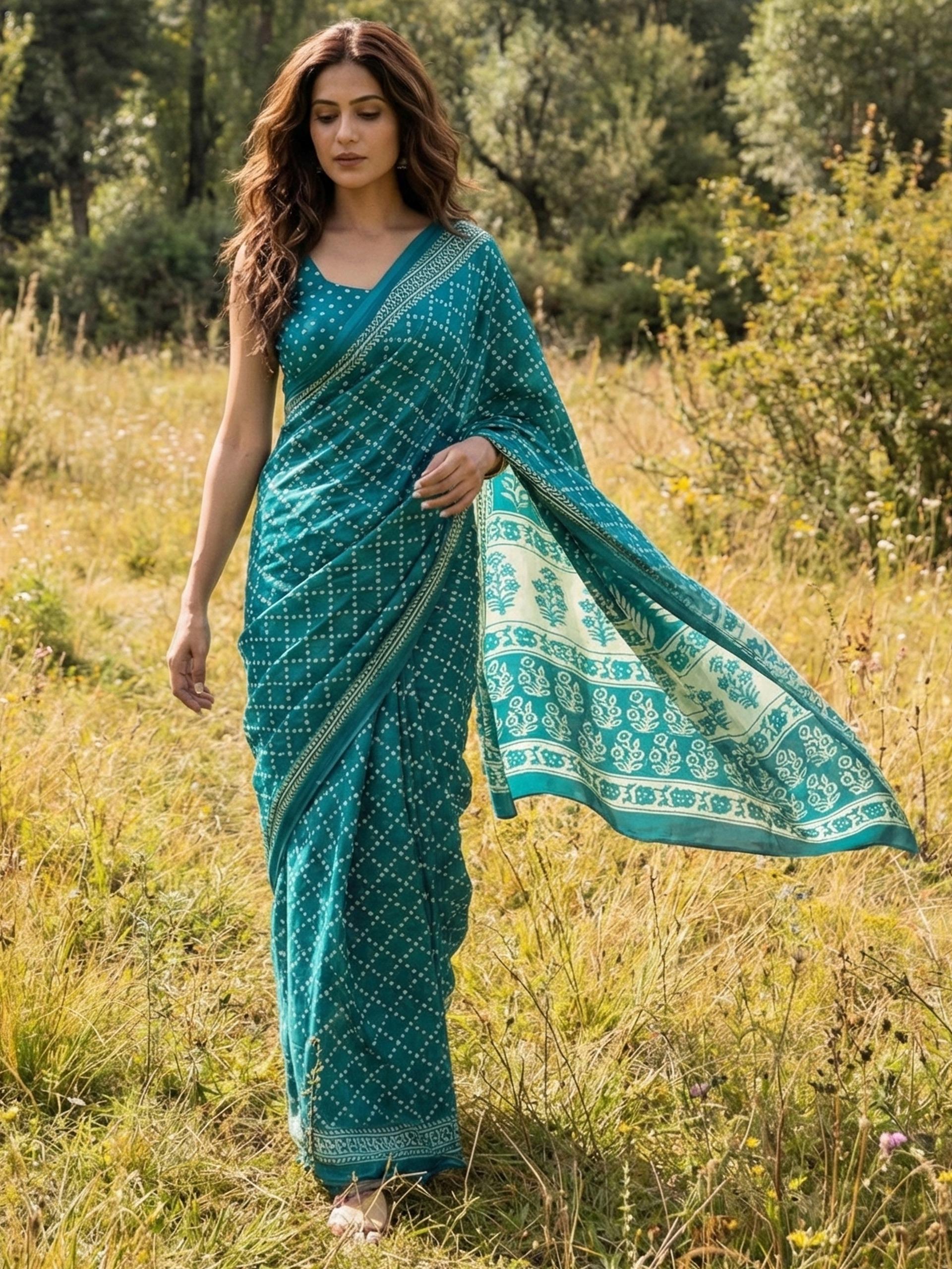 Rama Pure Soft Mulmul Cotton Hand Block Print Cotton Saree