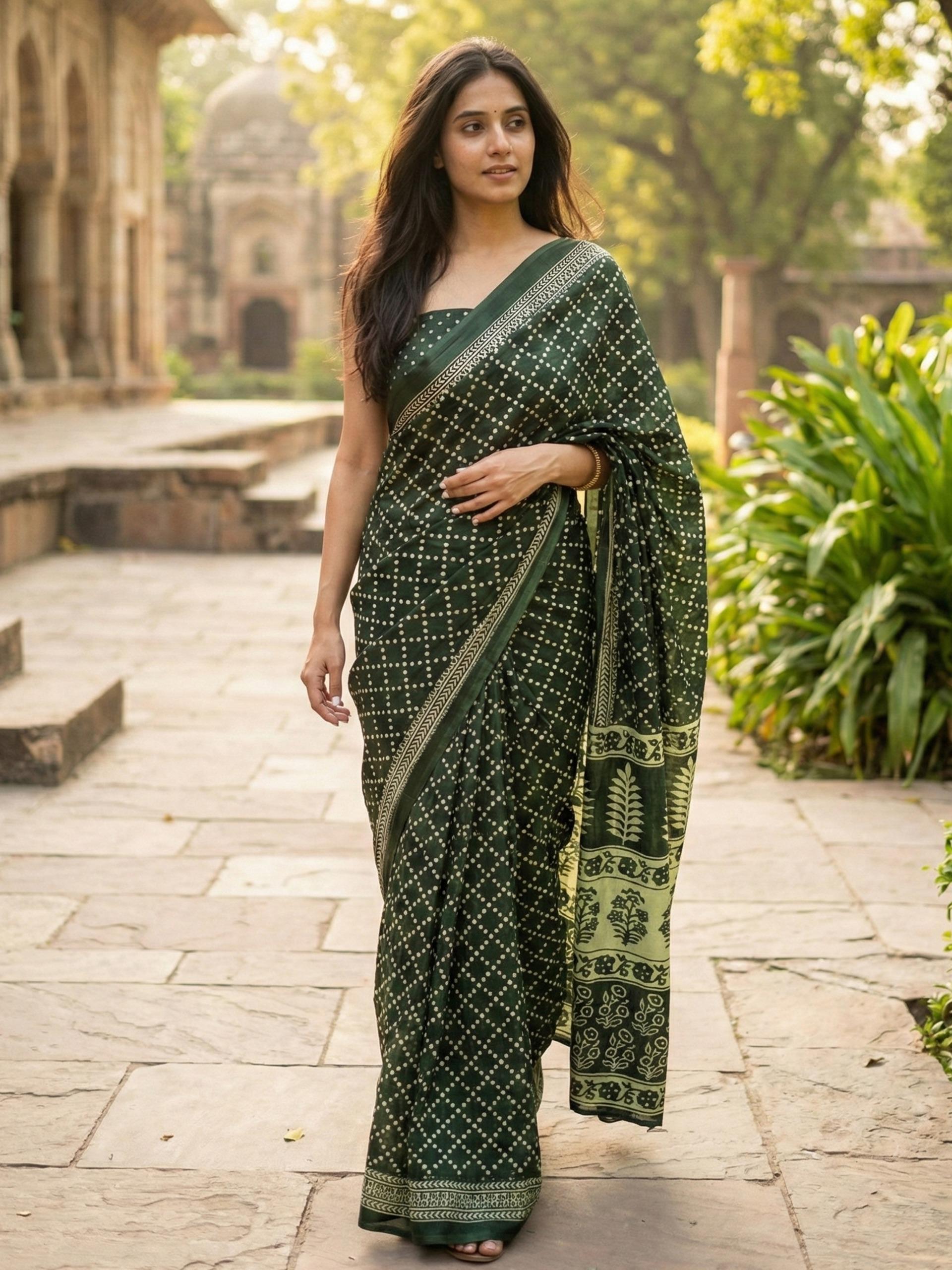 Green Pure Soft Mulmul Cotton Hand Block Print Cotton Saree