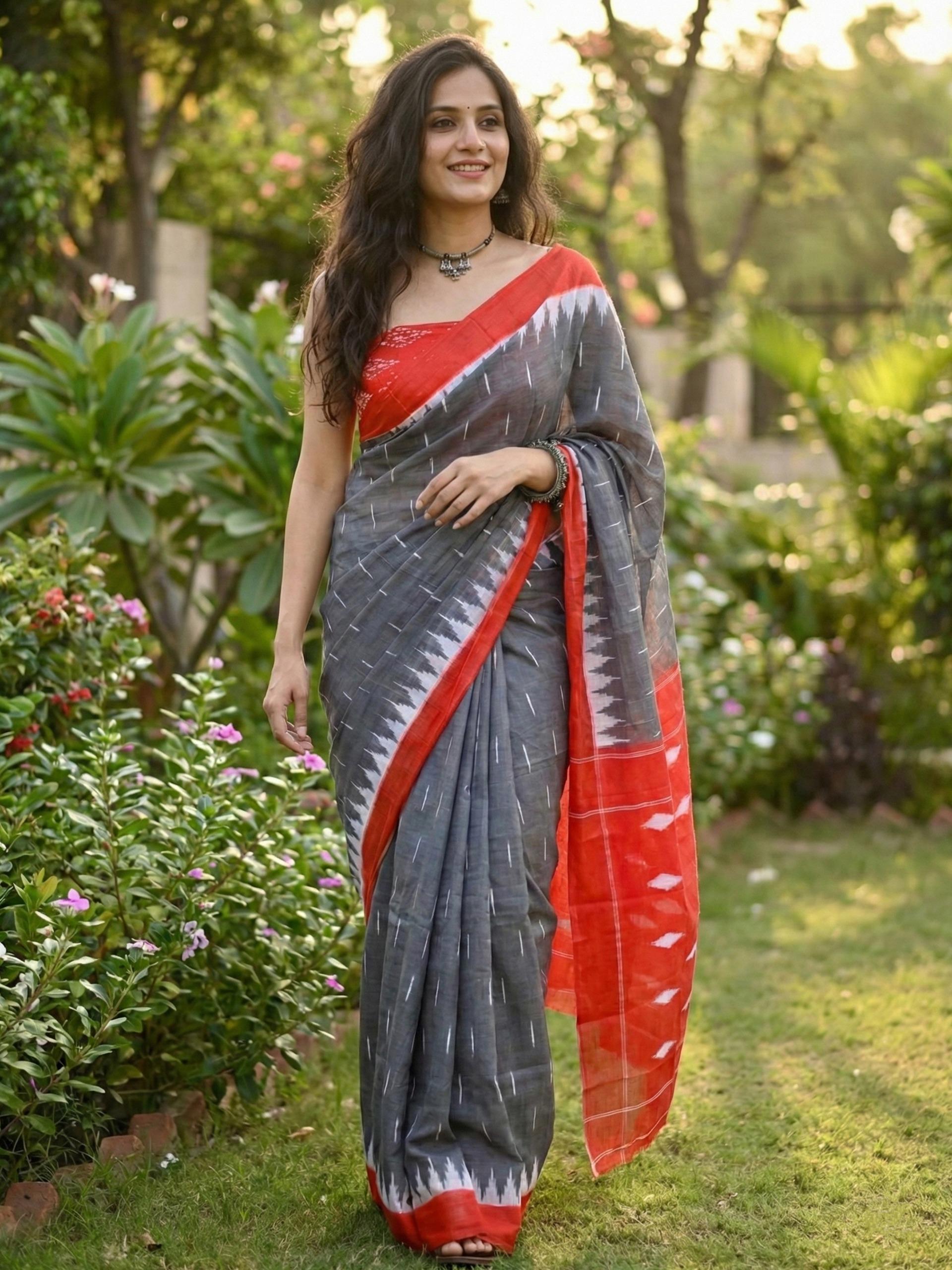 Grey Pure Soft Mulmul Cotton Hand Block Print Cotton Saree