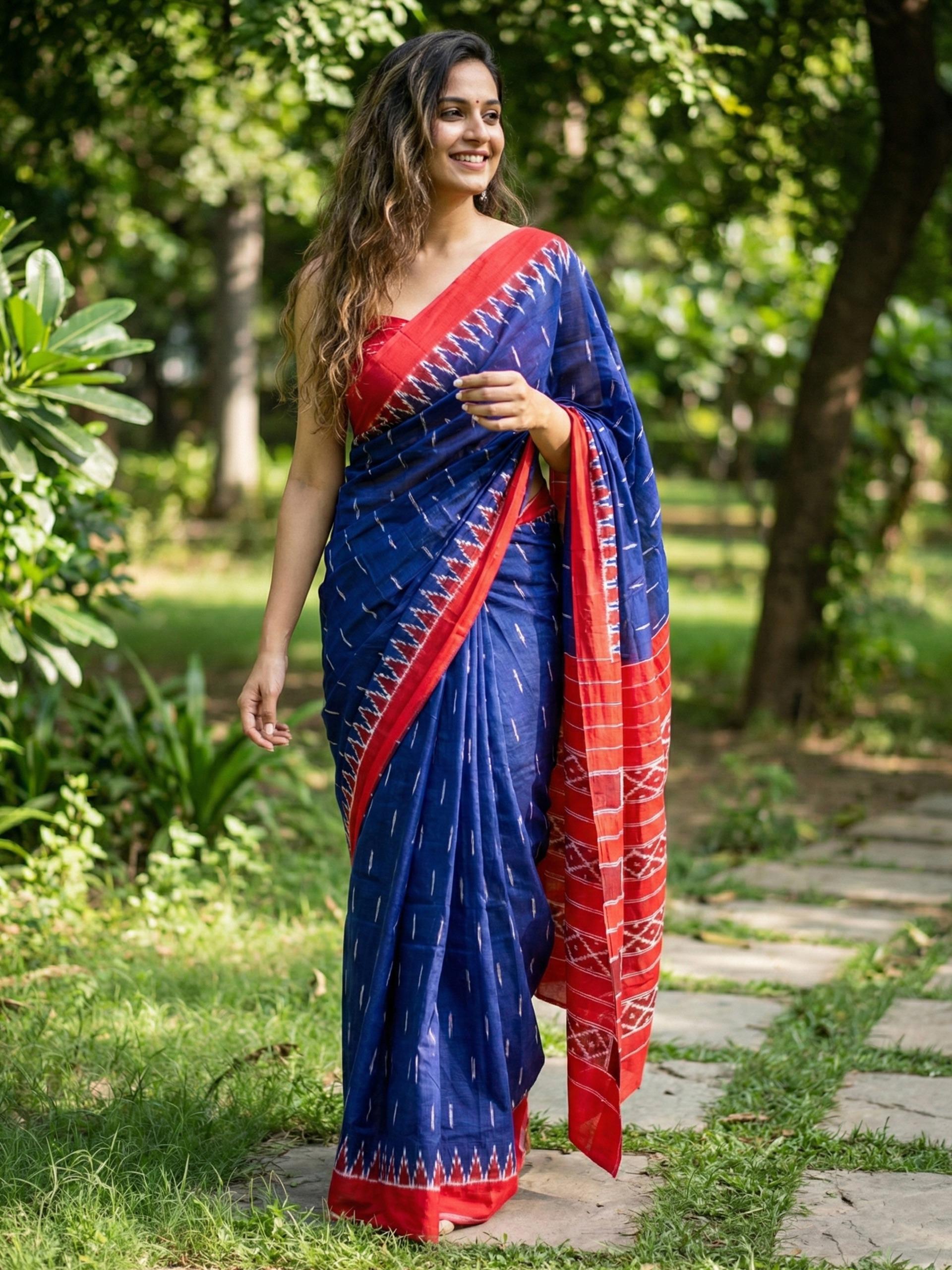 Blue Pure Soft Mulmul Cotton Hand Block Print Cotton Saree