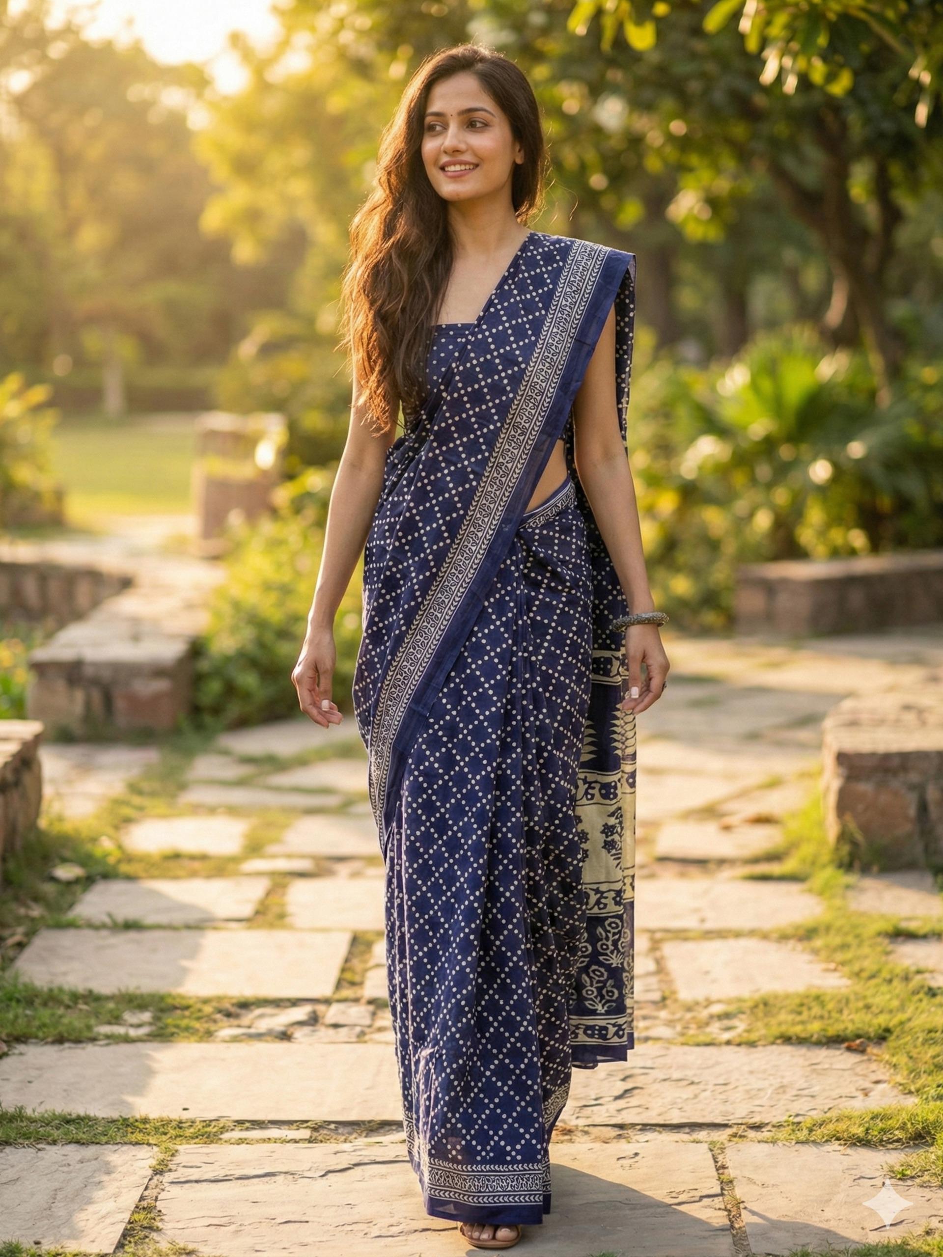 Blue Pure Soft Mulmul Cotton Hand Block Print Cotton Saree
