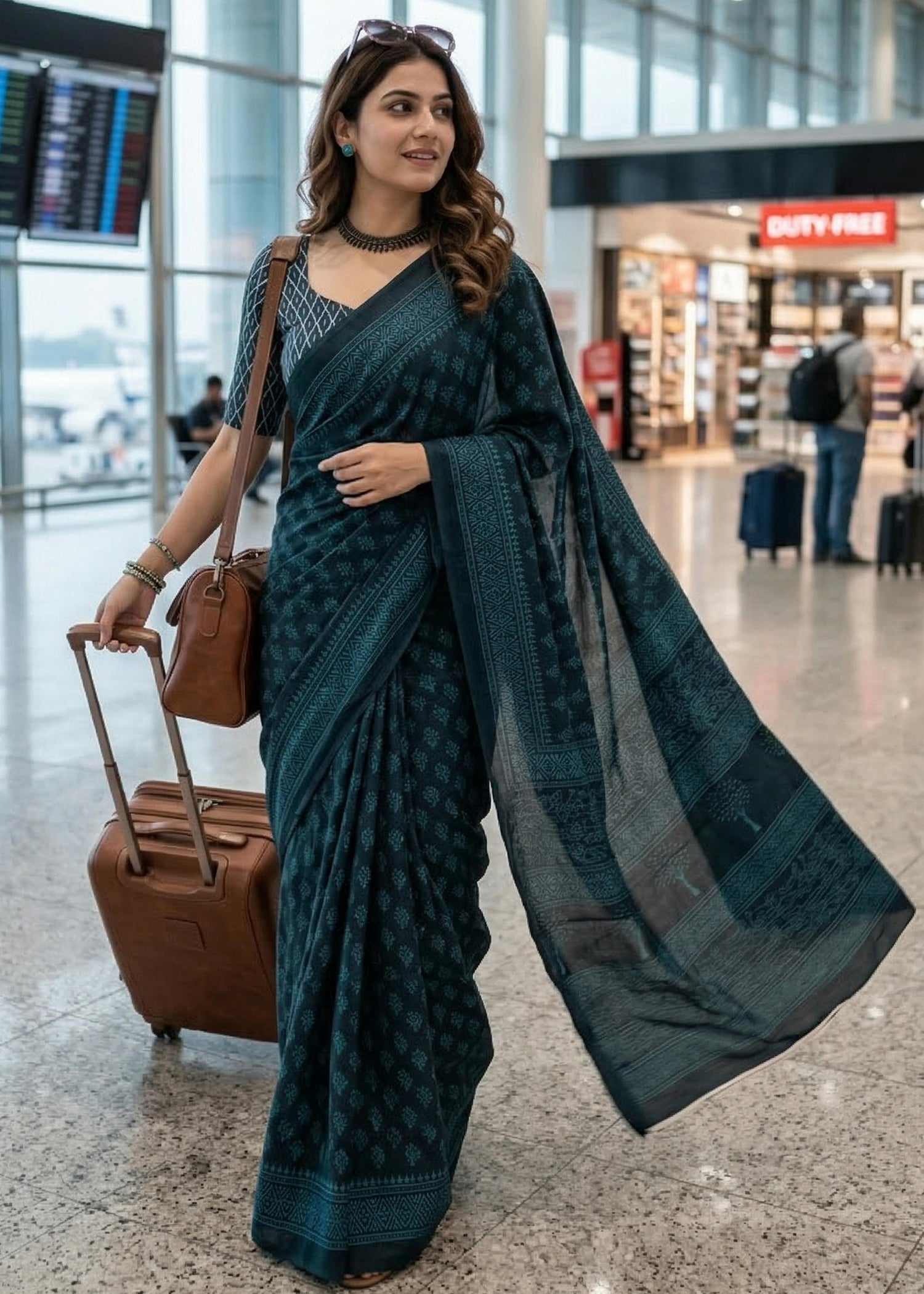 Teal Pure Soft Mulmul Cotton Bagh Print Cotton Saree 