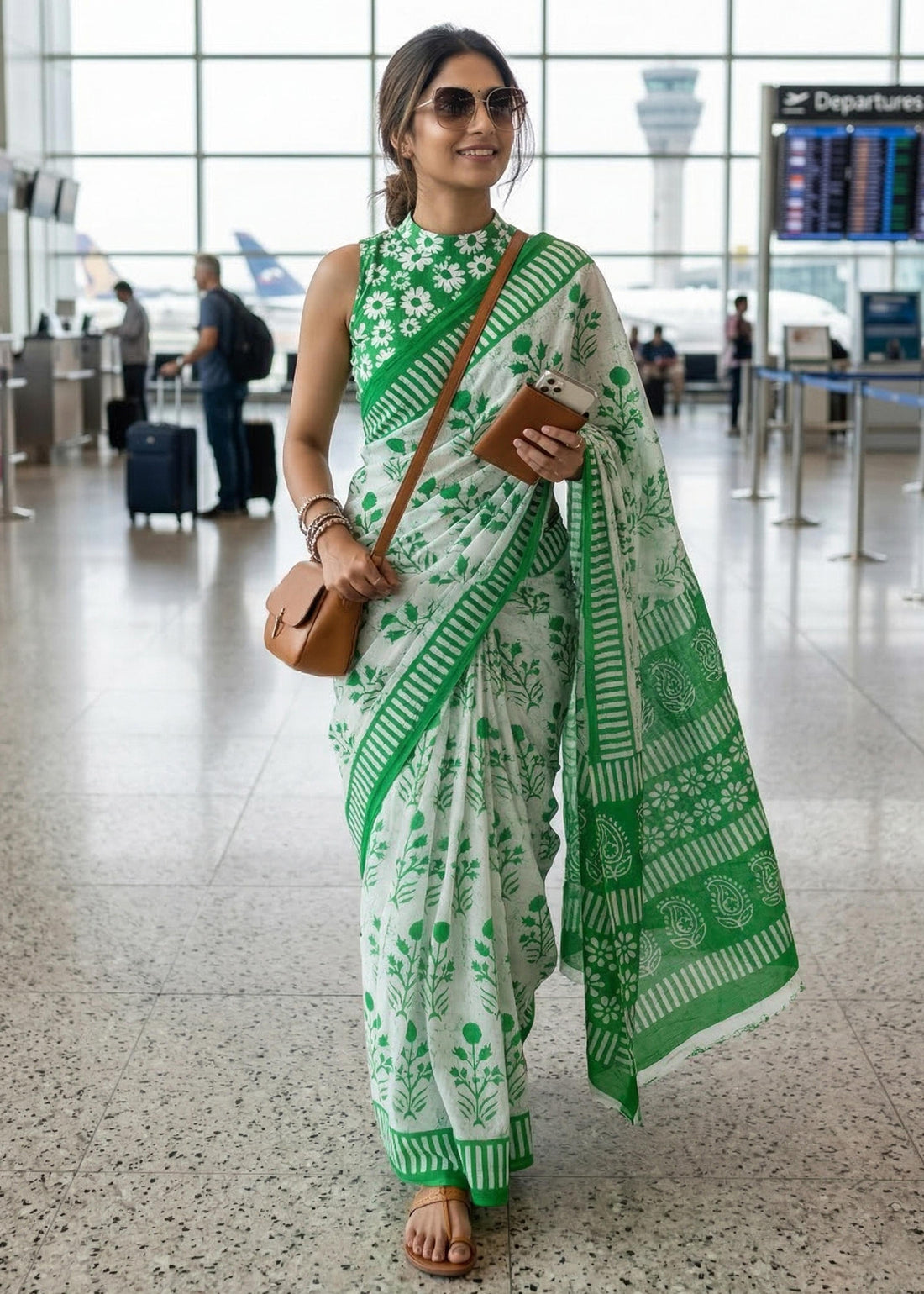 Green Pure Soft Mulmul Cotton Ajrakh Hand Block Print Cotton Saree 