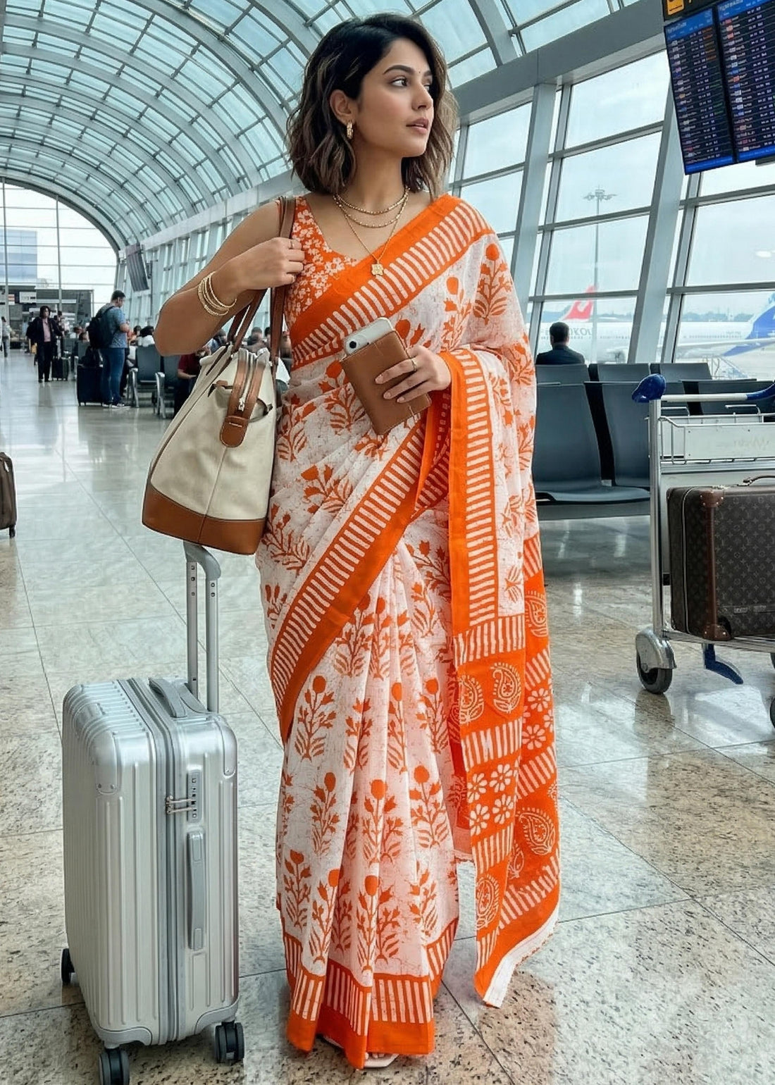 Orange Pure Soft Mulmul Cotton Ajrakh Hand Block Print Cotton Saree 