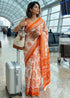 Orange Pure Soft Mulmul Cotton Ajrakh Hand Block Print Cotton Saree 