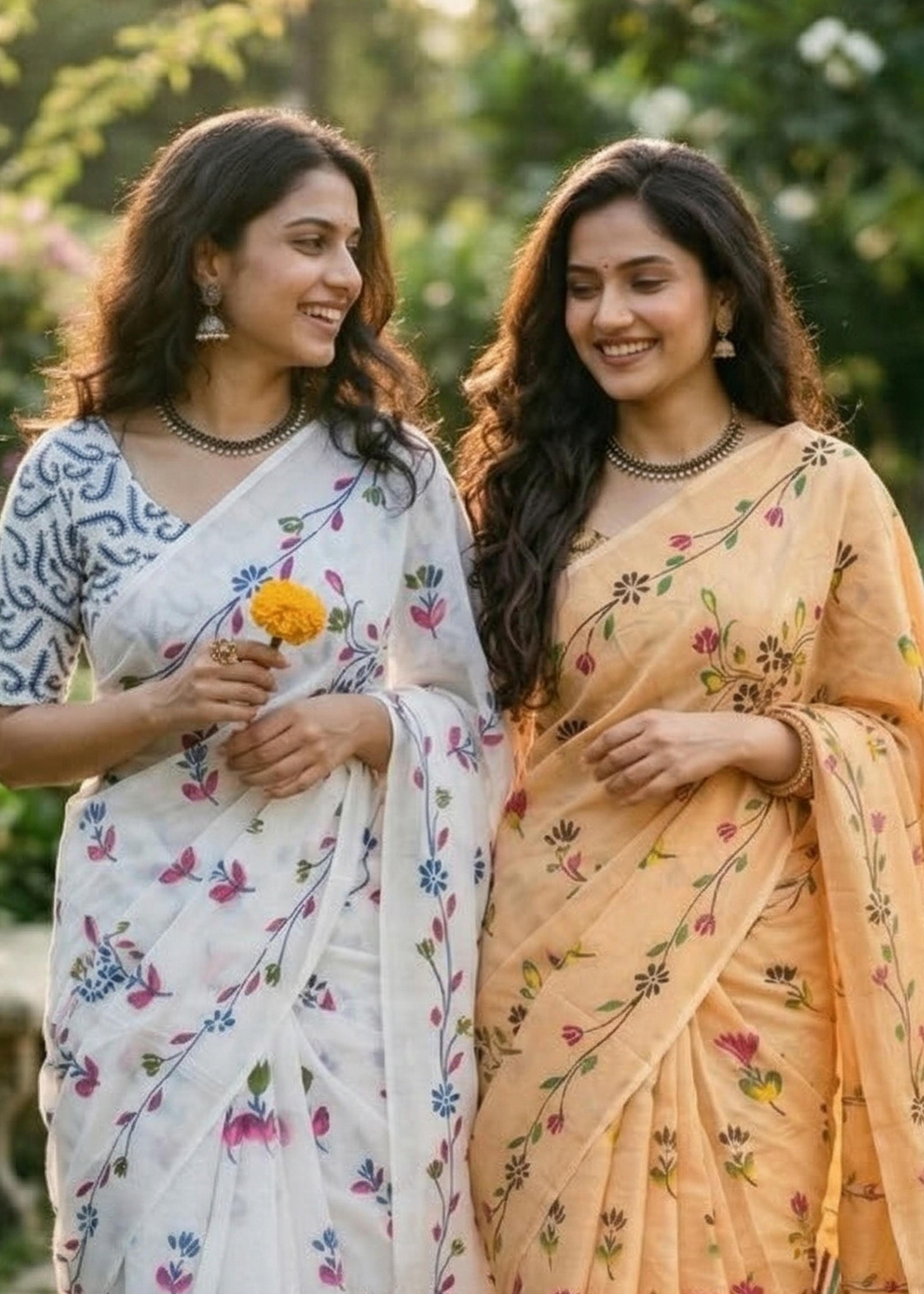 Mustard Pure Soft Mulmul Cotton Floral Print Cotton Saree 