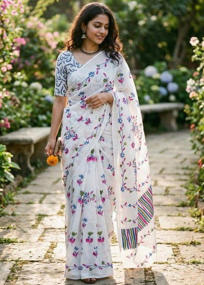 White Pure Soft Mulmul Cotton Floral Print Cotton Saree 